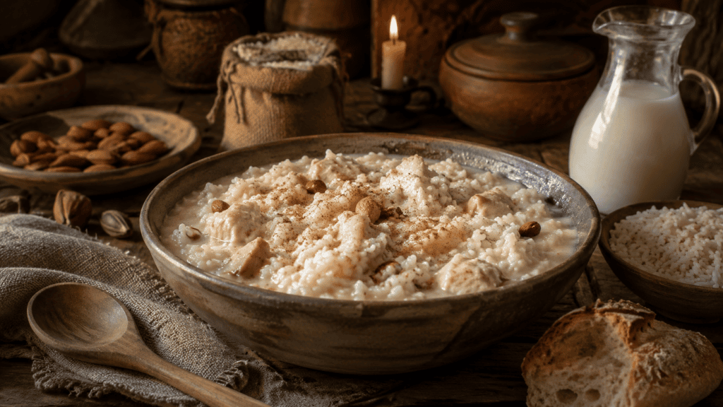 Белое рисово-миндальное блюдо с курицей