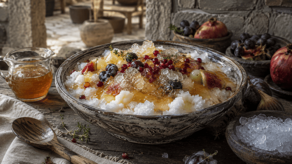 Древняя чаша со снегом, мёдом, фруктами и льдом