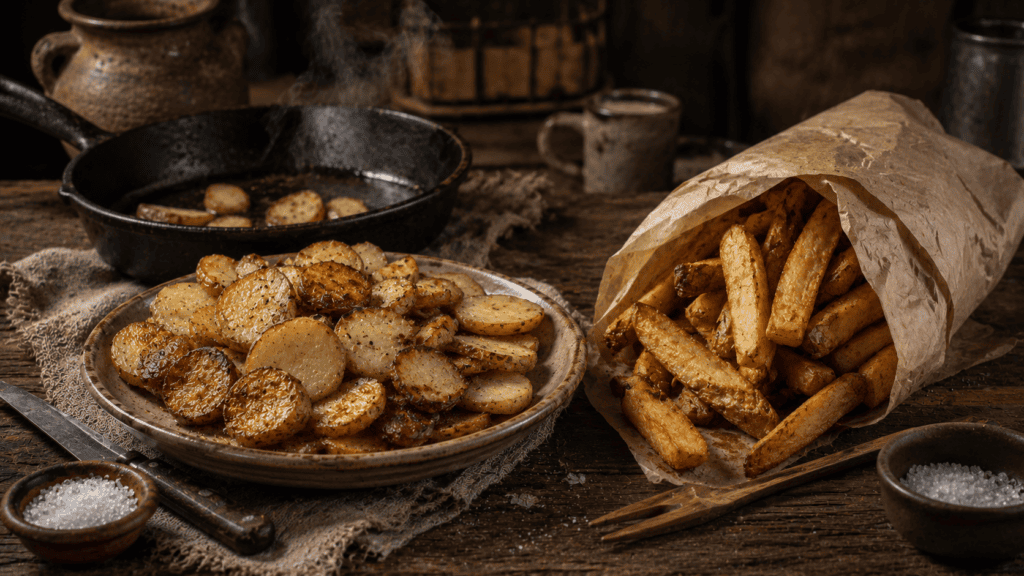 ранние жареные ломтики и бельгийские картофельные бруски
