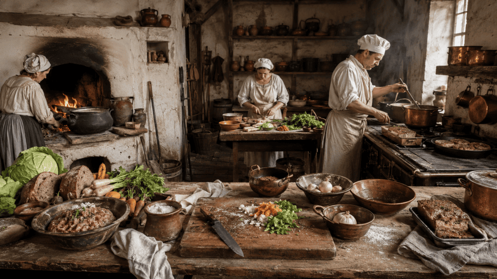 русская печь и европейская плита на дворянской кухне XVIII века