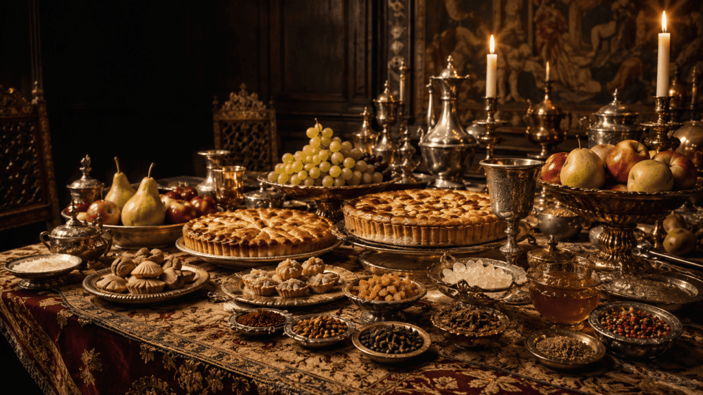 Ренессансный стол с фруктами, пирогами и сладостями