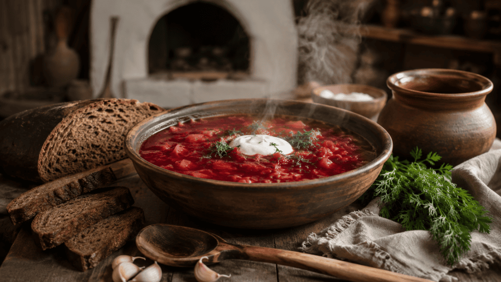 Красный борщ со сметаной, хлебом и зеленью