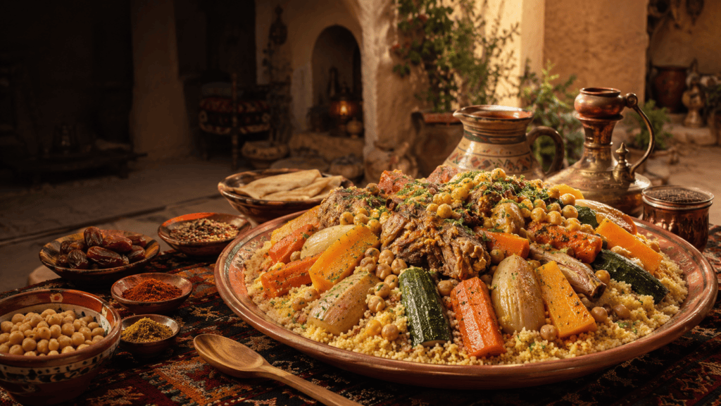 История кускуса: большое блюдо с кускусом, овощами, нутом и пряным бульоном на столе Магриба