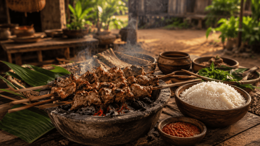 Масикита — кусочки мяса зебу на шпажках, жаровня, рис и острый соус