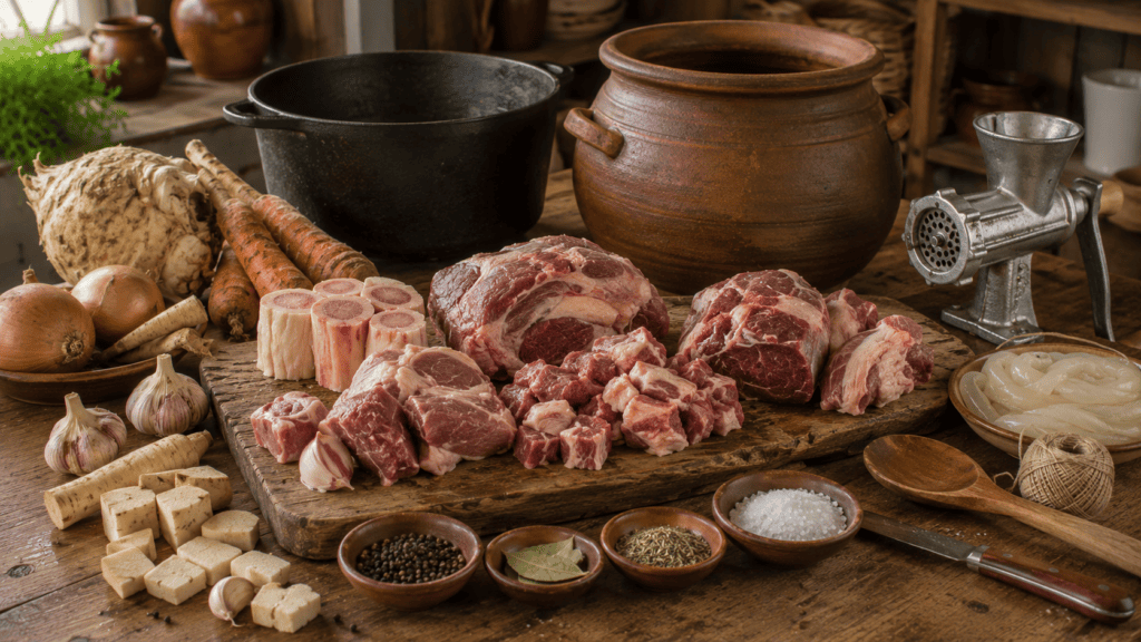 Разные части мяса подготовлены для бульона, домашней колбасы и блюда в горшке