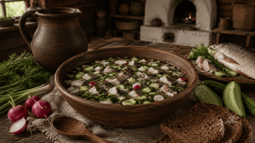 Старинная окрошка без картофеля с редькой, квасом и рыбой
