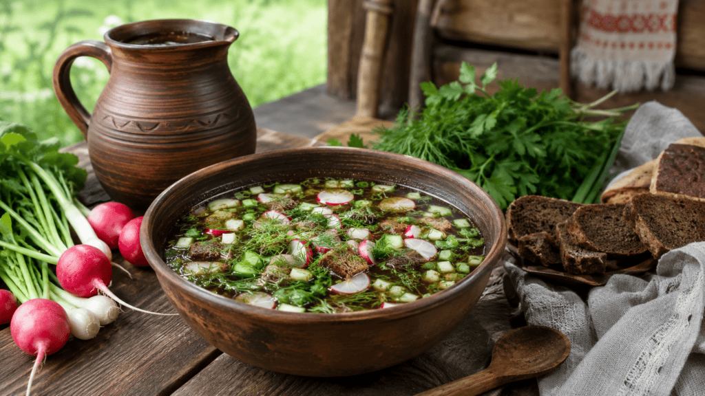 Овощная окрошка с редькой, огурцом и квасом