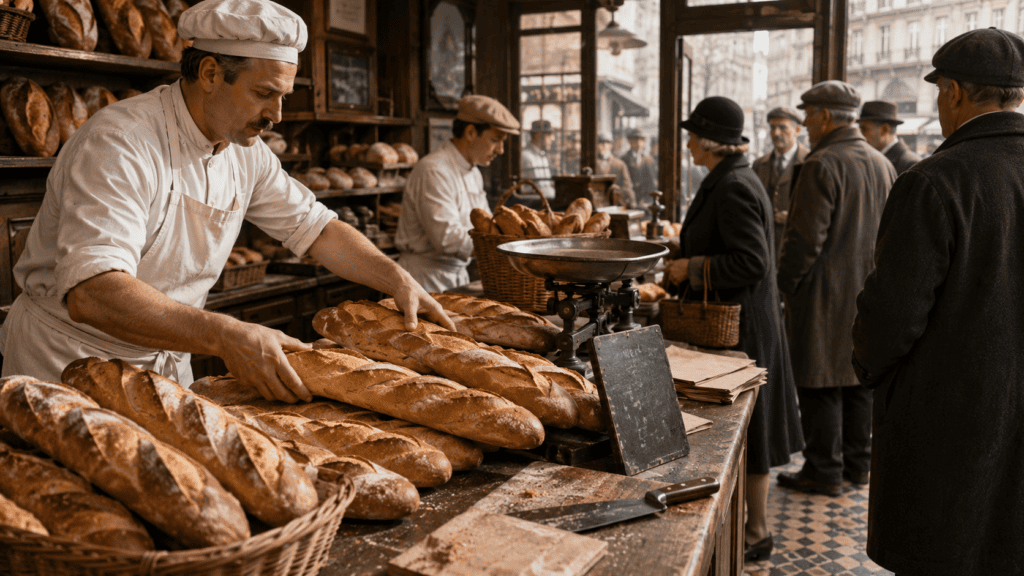 Парижская булочная 1920-х годов и продажа длинного хлеба
