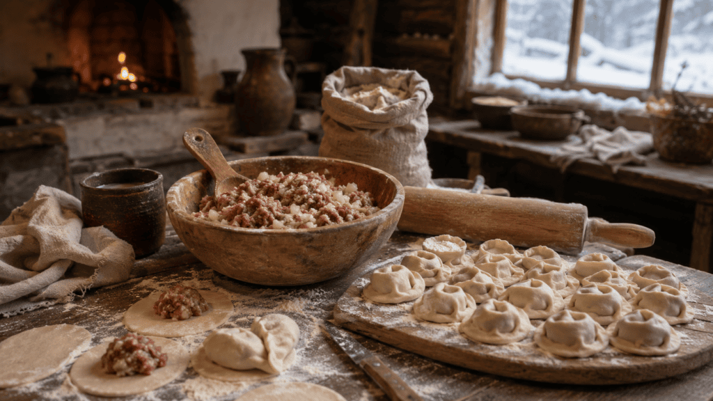 Пельмени, мука, фарш и зимний русский стол