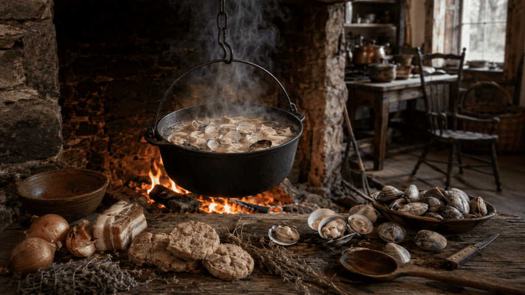приготовление раннего клэм-чаудера в кухне Новой Англии XVIII века