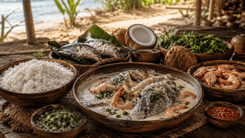 Рыба и морепродукты Мадагаскара с кокосовым молоком, рисом и зеленью