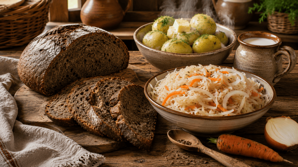 Нарезанная ржаная буханка рядом с миской хрустящей капусты, морковью и тмином