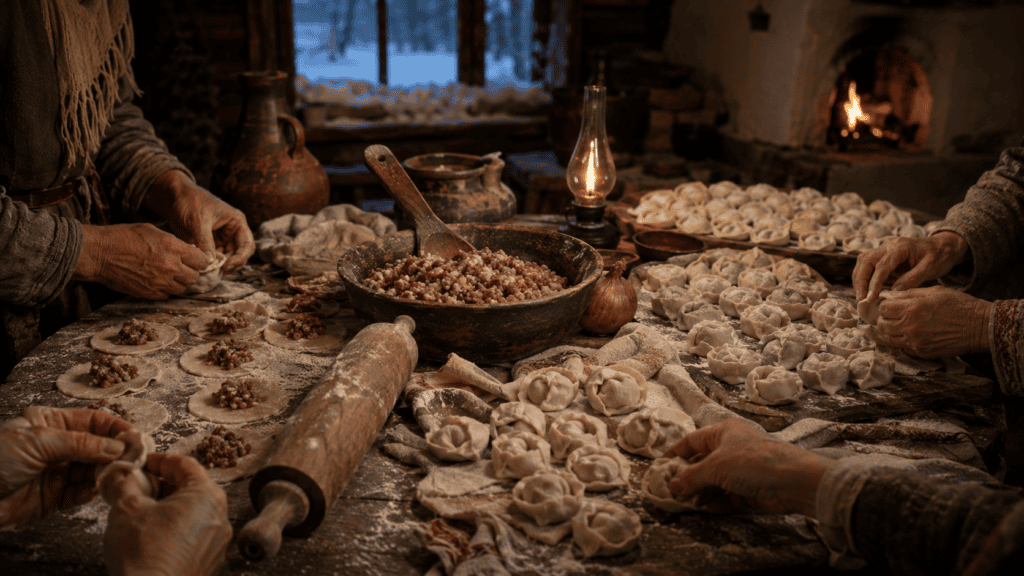 Семейная лепка пельменей зимним вечером