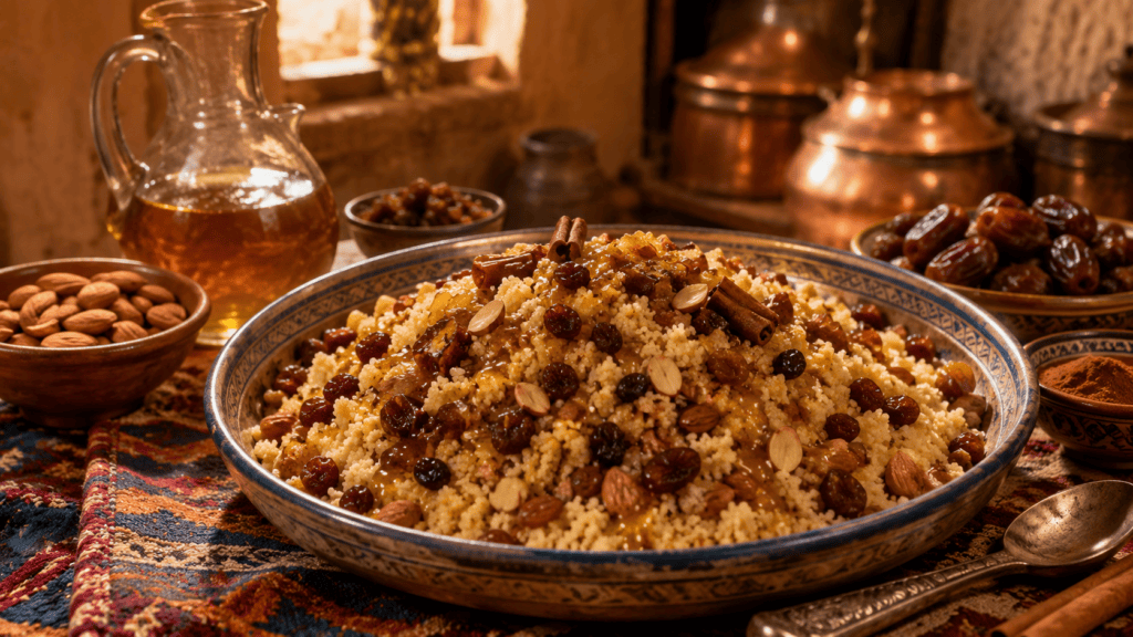 Сладкий кускус с изюмом, финиками, мёдом, корицей и миндалём
