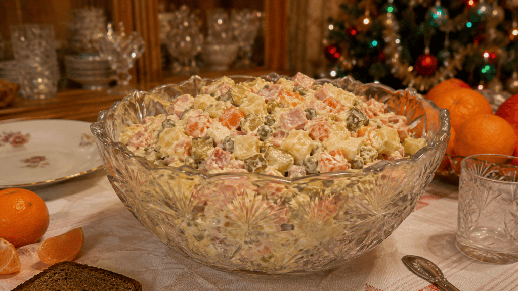 Советский салат Оливье с колбасой и горошком