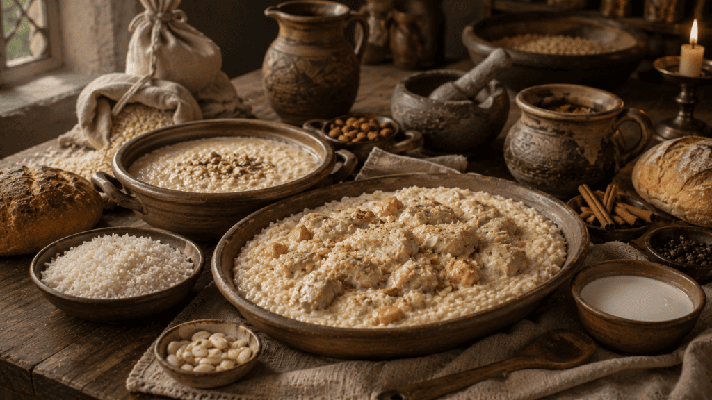 каши, миндальное молоко и рисовые блюда на знатном средневековом столе