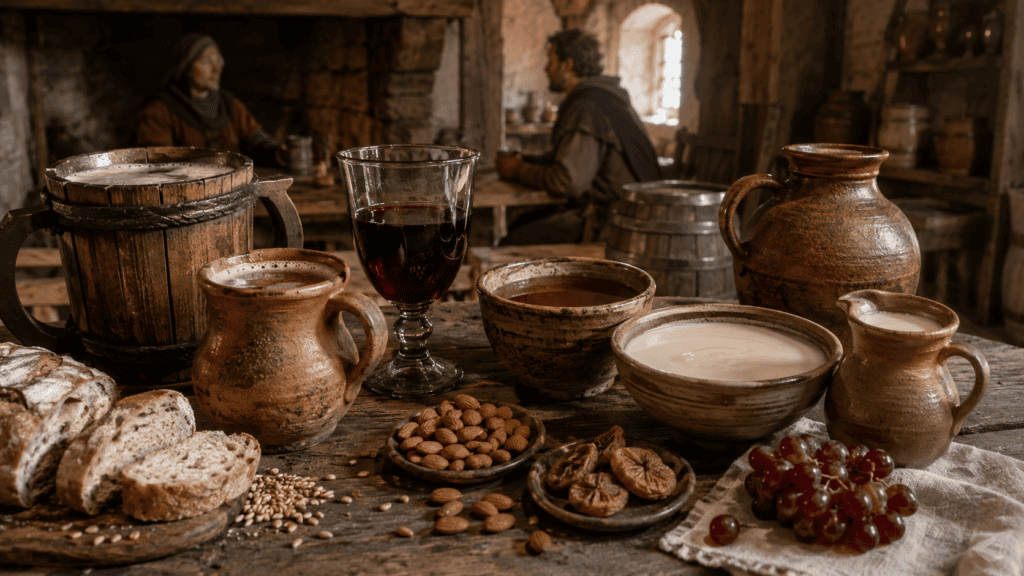 Средневековые напитки в деревянных кружках, стеклянных кубках, кувшинах и глиняной посуде
