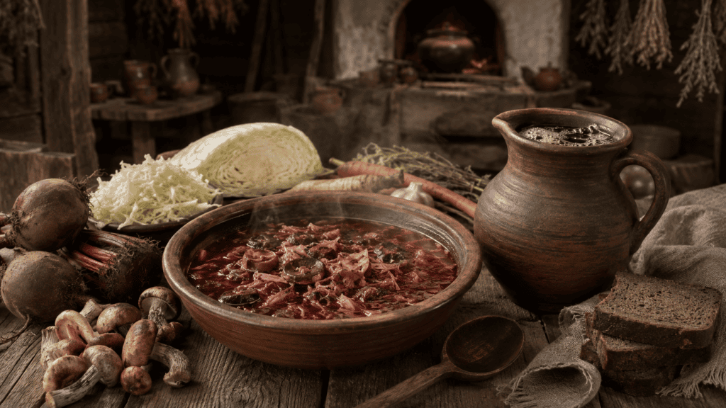 Старинный борщ со свёклой, квасом и кореньями