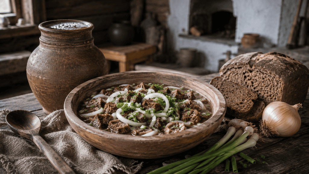 Тюря на квасе с ржаным хлебом и луком