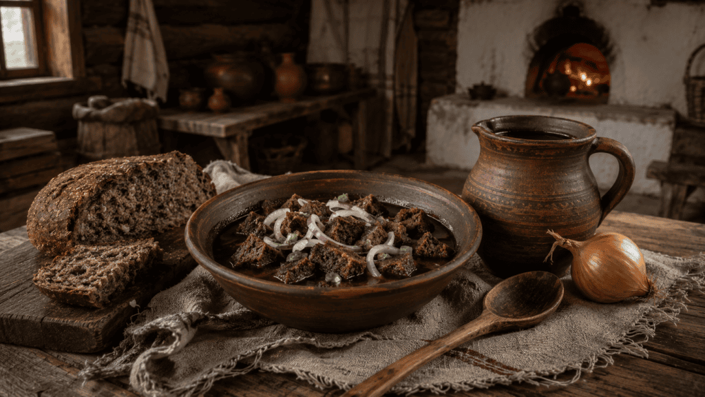 Тюря с квасом, ржаным хлебом и луком
