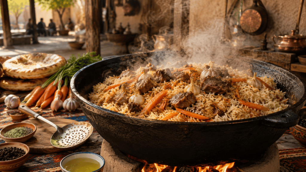 Узбекский палов в большом казане с рисом, мясом и морковью