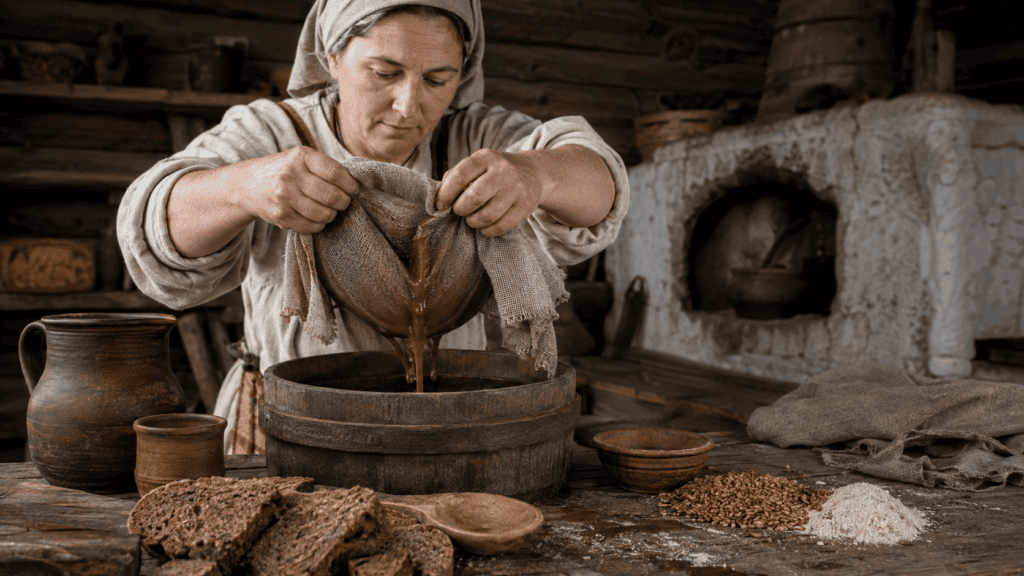Приготовление ржаного сусла в древнерусской избе