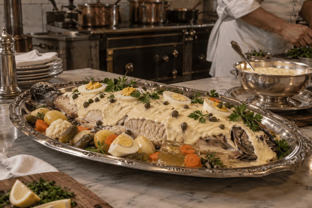 парадное холодное блюдо французской кухни с соусом