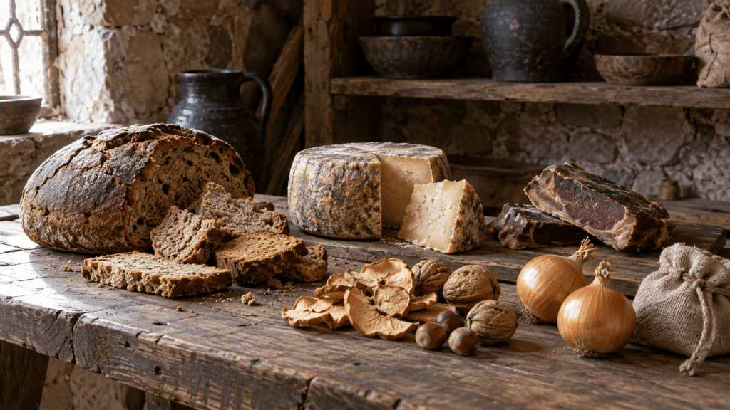 Сухой хлеб, выдержанный сыр и вяленое мясо для средневековой дороги.